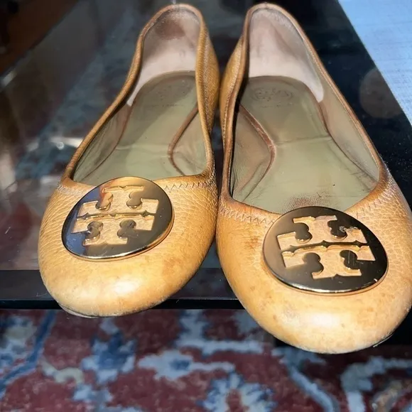 Tan Tory Burch Reva Flats, stressed leather