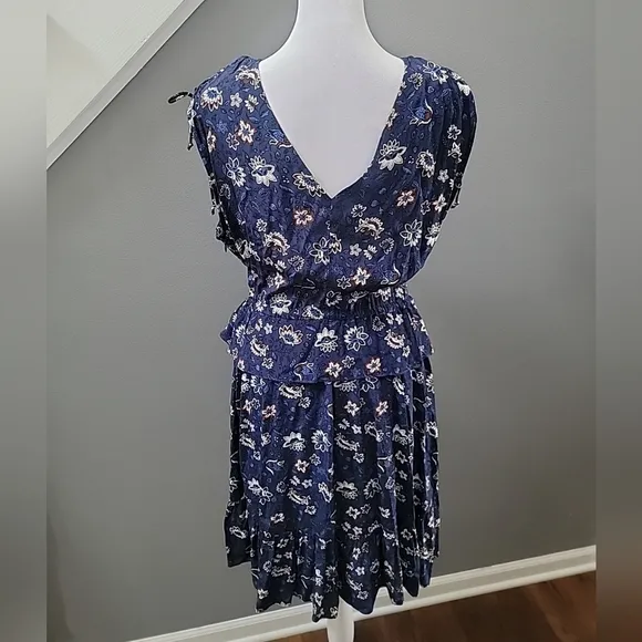 Thakoon Collective Floral Print Cold Shoulder Tie Mini Dress in Blue Sz 4