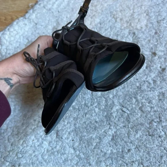 thierry rabotin Brown Vamp Leather Straps Peep Toe Sling Back Triangle Heels