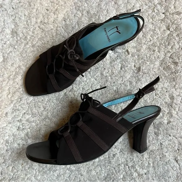 thierry rabotin Brown Vamp Leather Straps Peep Toe Sling Back Triangle Heels