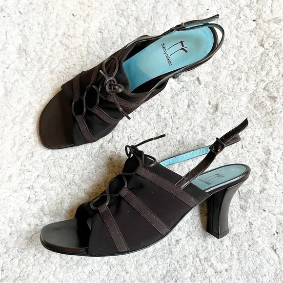 thierry rabotin Brown Vamp Leather Straps Peep Toe Sling Back Triangle Heels