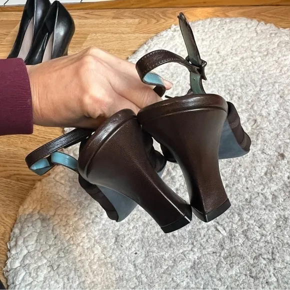 thierry rabotin Brown Vamp Leather Straps Peep Toe Sling Back Triangle Heels