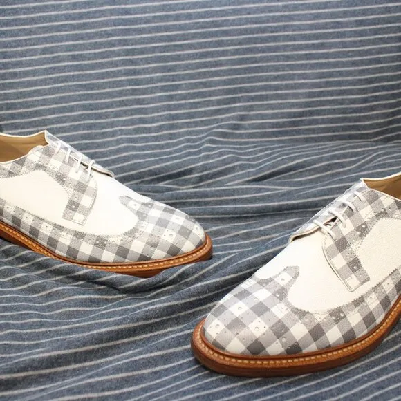 Thom Browne white pebble-grain and gray gingham Spectators