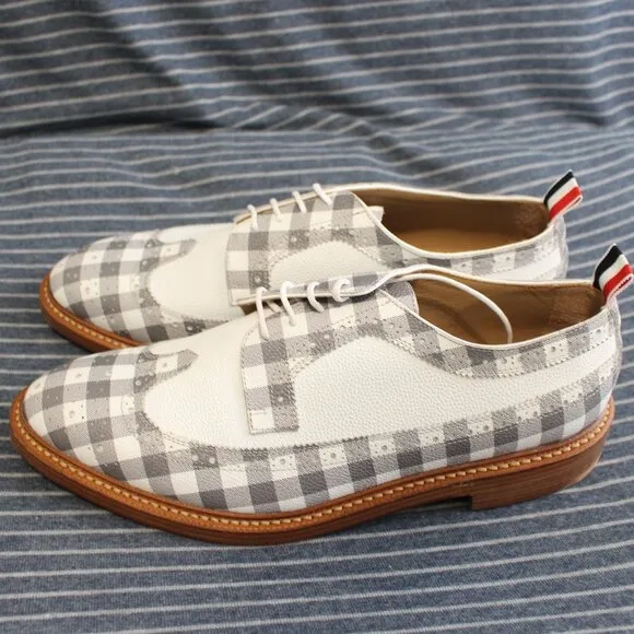 Thom Browne white pebble-grain and gray gingham Spectators
