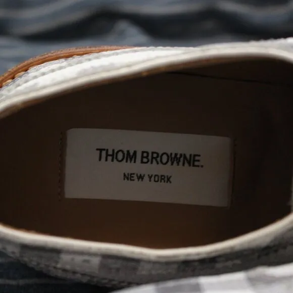 Thom Browne white pebble-grain and gray gingham Spectators