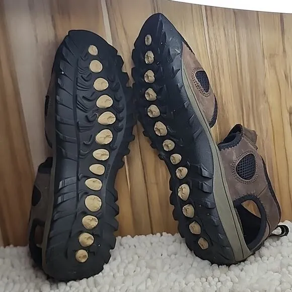 TIMBERLAND GARRISON OPEN TOE VELCRO BROWN LEATHER MENS SANDALS SIZE 12 IN GUC