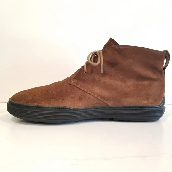 Tod's Men's Chukka Boots Brown Suede Leather Driver Logo Heel 3 Eye Lace Up Shoe
