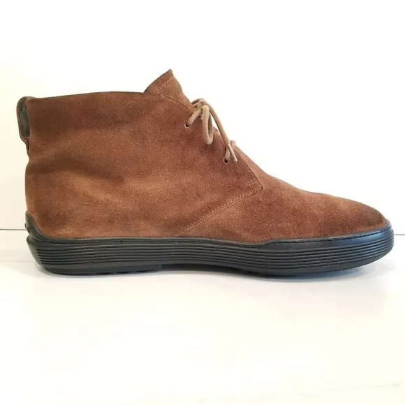 Tod's Men's Chukka Boots Brown Suede Leather Driver Logo Heel 3 Eye Lace Up Shoe