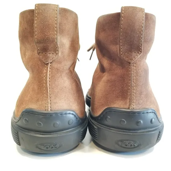 Tod's Men's Chukka Boots Brown Suede Leather Driver Logo Heel 3 Eye Lace Up Shoe