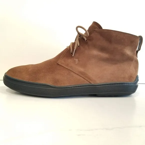 Tod's Men's Chukka Boots Brown Suede Leather Driver Logo Heel 3 Eye Lace Up Shoe