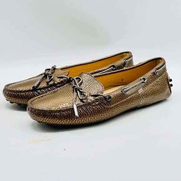 Tod's Shoes Womens 6 Brown Metallic Patent Leather Driving Loafer Gommino Flats