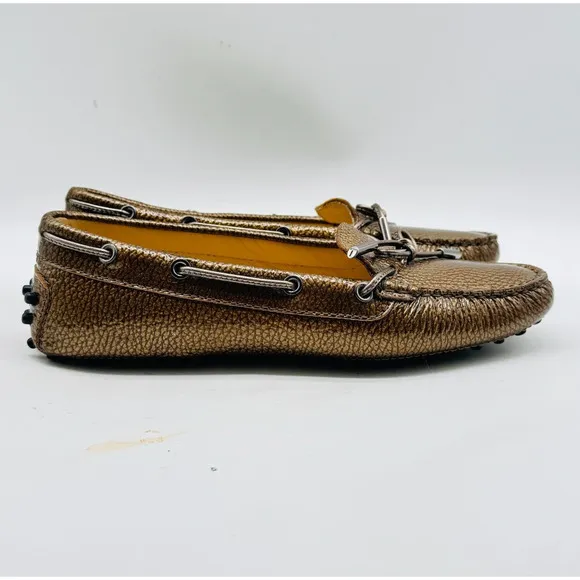 Tod's Shoes Womens 6 Brown Metallic Patent Leather Driving Loafer Gommino Flats