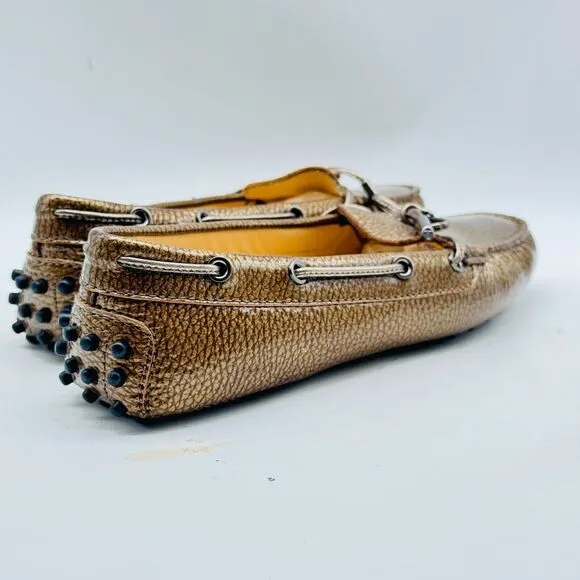 Tod's Shoes Womens 6 Brown Metallic Patent Leather Driving Loafer Gommino Flats