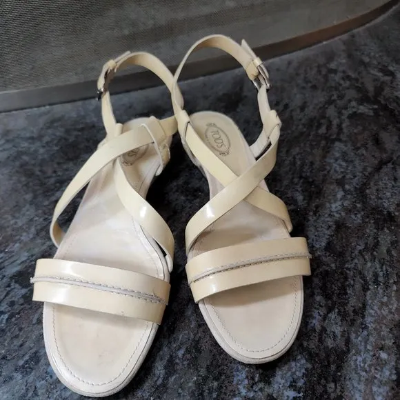 Tod's Vintage Cream Patent Leather Strappy Sandals Size 36.5