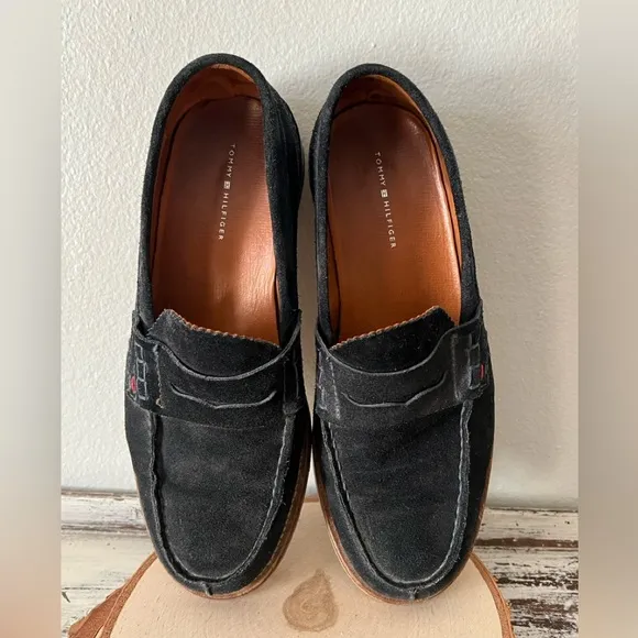 Tommy Hilfiger Navy Suede Penny Loafers  Men's Shoes 9 Leather Sole Portugal VTG