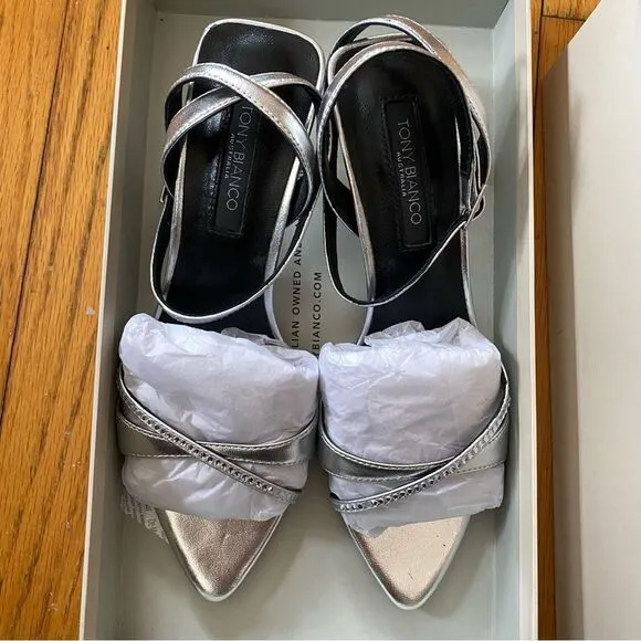Tony Bianco Fortune Sandals Silver Nappa Metallic high heels strappy Revolve 5