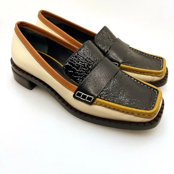 Tory Burch 70s Square Loafer 25mm Size 7 ColorPerfect Black/New Cream/Tan Cuoio