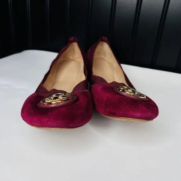 Tory Burch 7.5 Caroline 2 Ballet Flats Shoes Slipons Cabernet Suede Leather Red