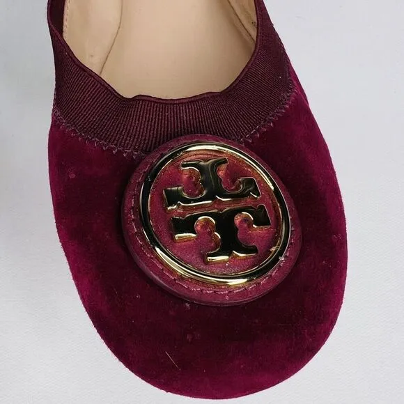 Tory Burch 7.5 Caroline 2 Ballet Flats Shoes Slipons Cabernet Suede Leather Red