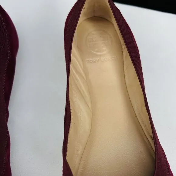 Tory Burch 7.5 Caroline 2 Ballet Flats Shoes Slipons Cabernet Suede Leather Red