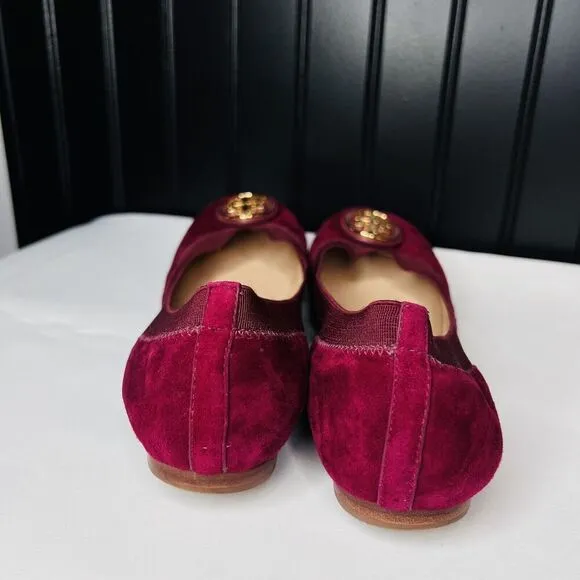 Tory Burch 7.5 Caroline 2 Ballet Flats Shoes Slipons Cabernet Suede Leather Red