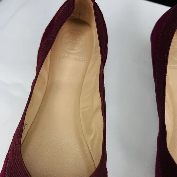 Tory Burch 7.5 Caroline 2 Ballet Flats Shoes Slipons Cabernet Suede Leather Red