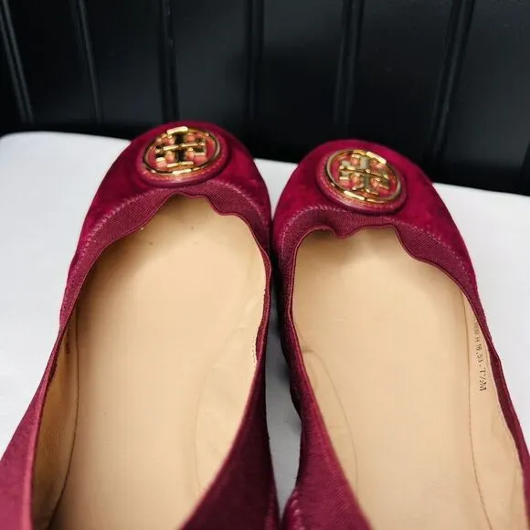 Tory Burch 7.5 Caroline 2 Ballet Flats Shoes Slipons Cabernet Suede Leather Red