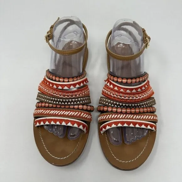 Tory Burch Ankle Strap Sandals Size 8.5M Red Poppy Strappy Boho