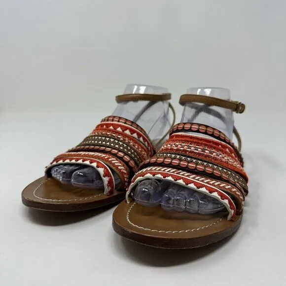 Tory Burch Ankle Strap Sandals Size 8.5M Red Poppy Strappy Boho