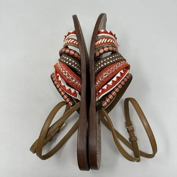 Tory Burch Ankle Strap Sandals Size 8.5M Red Poppy Strappy Boho