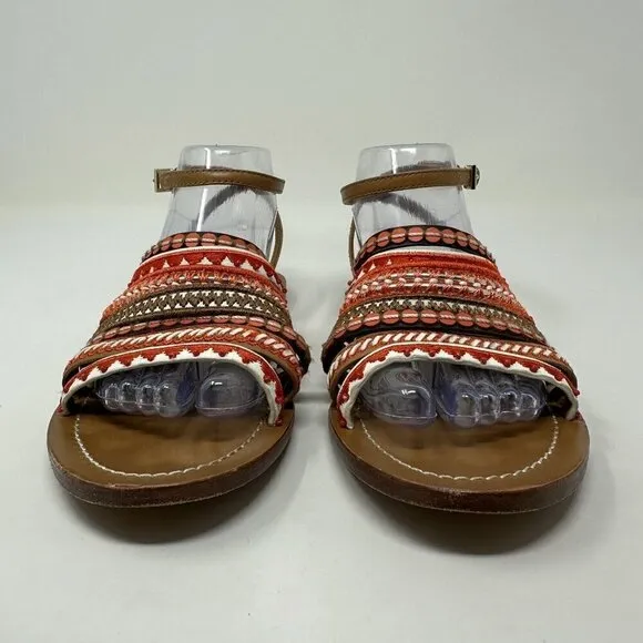 Tory Burch Ankle Strap Sandals Size 8.5M Red Poppy Strappy Boho
