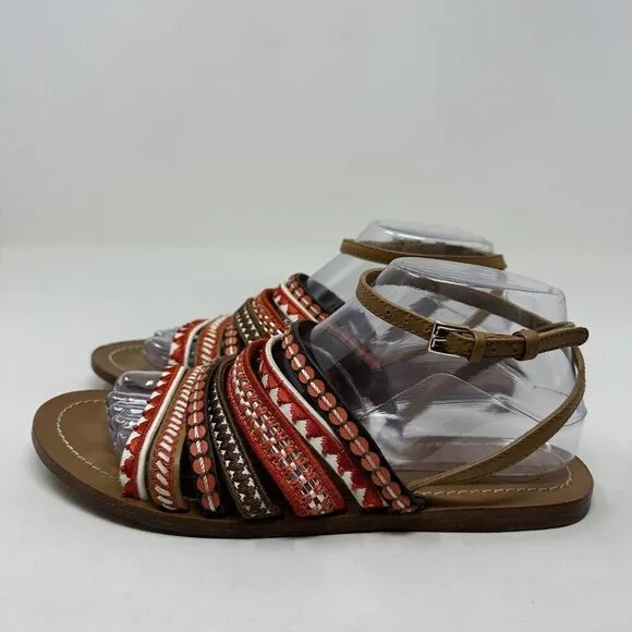 Tory Burch Ankle Strap Sandals Size 8.5M Red Poppy Strappy Boho