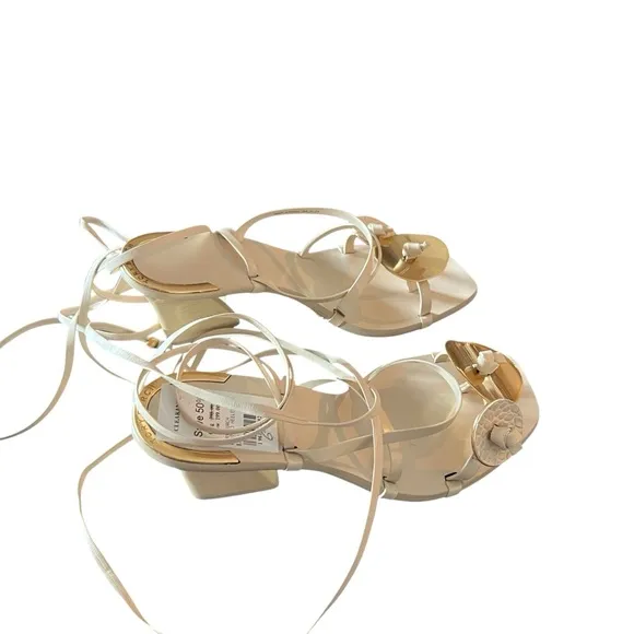 TORY BURCH Artisanal Knot Leather Sandal In Cream Ankle Wrap Ties NEW Size 6.5