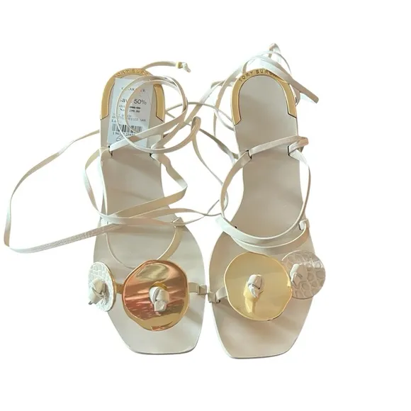 TORY BURCH Artisanal Knot Leather Sandal In Cream Ankle Wrap Ties NEW Size 6.5