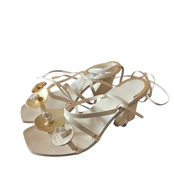 TORY BURCH Artisanal Knot Leather Sandal In Cream Ankle Wrap Ties NEW Size 6.5