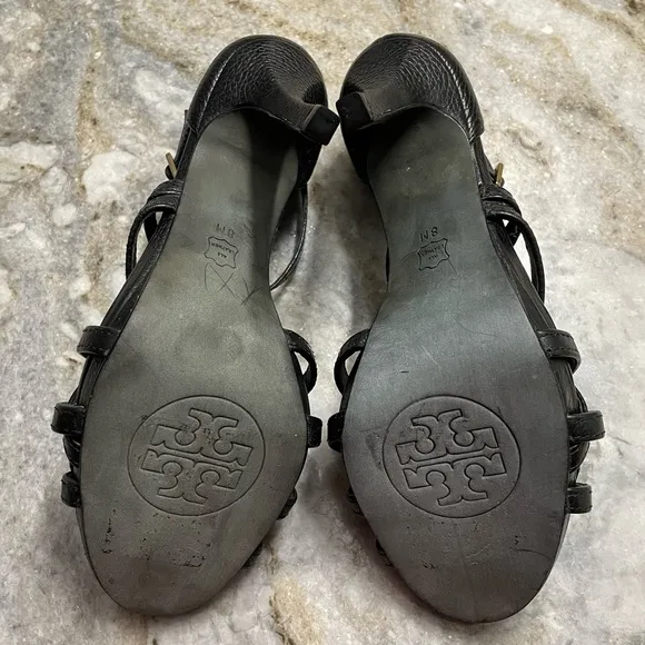 TORY BURCH Black Leather Strappy Sandals Heels Women’s 8