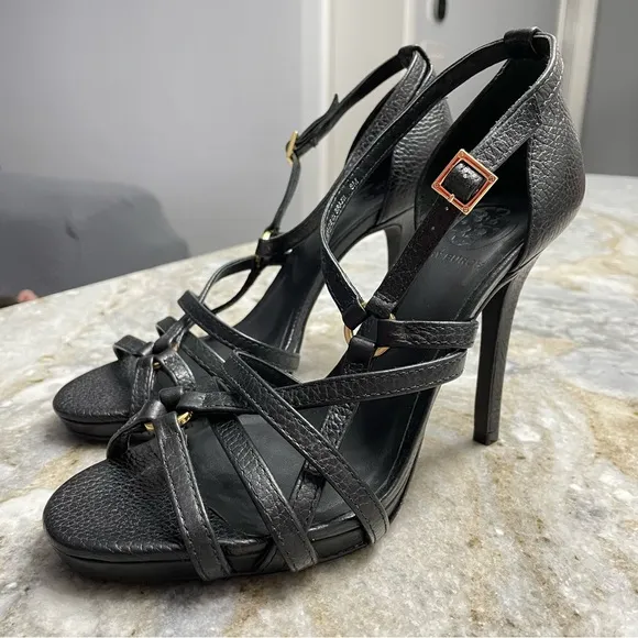 TORY BURCH Black Leather Strappy Sandals Heels Women’s 8