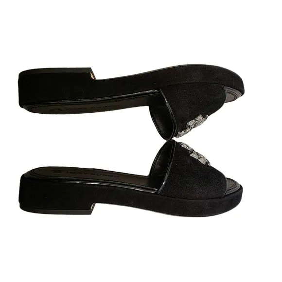 Tory Burch Eleanor Crystal Black Embellished Suede Slip On Slide Shoes 9.5M