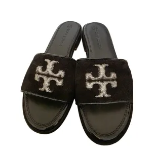 Tory Burch Eleanor Crystal Black Embellished Suede Slip On Slide Shoes 9.5M