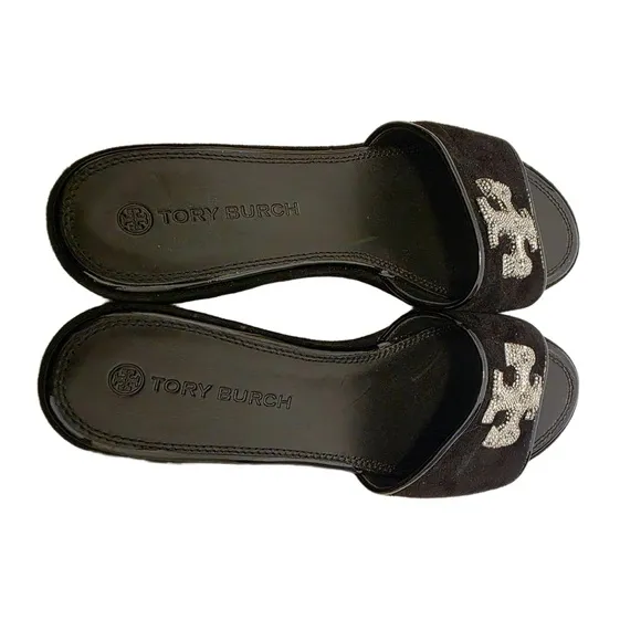 Tory Burch Eleanor Crystal Black Embellished Suede Slip On Slide Shoes 9.5M