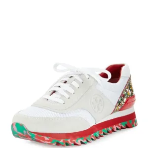 Tory Burch Festival Sawtooth Logo Trainer Sneaker suede cream red sz 8