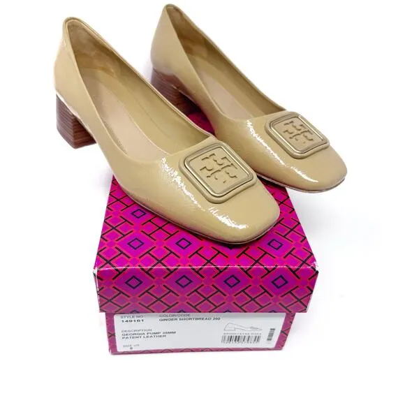 TORY BURCH Georgia Tan Patent Leather Square Toe Georgia Heels Pumps Size US 8