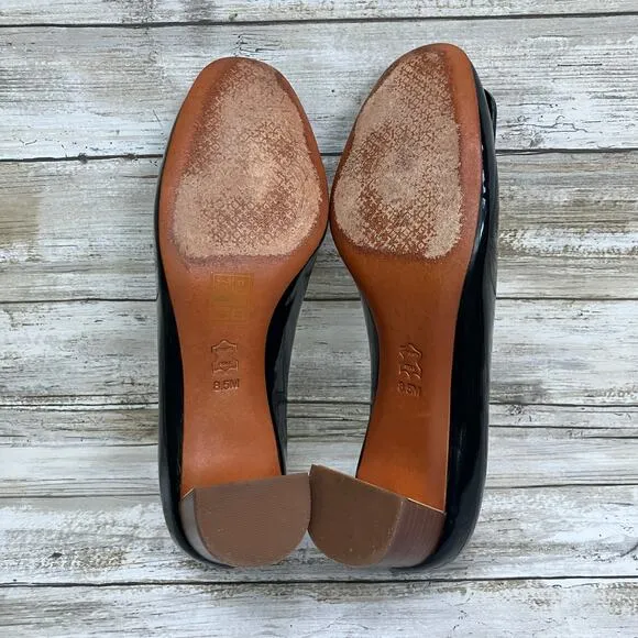 Tory Burch Patent Leather Pumps Shoes T Ring 50 Sz 8.5 Black Gold Heels Classic