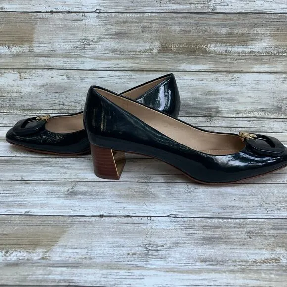 Tory Burch Patent Leather Pumps Shoes T Ring 50 Sz 8.5 Black Gold Heels Classic