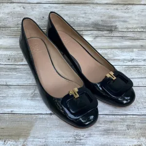 Tory Burch Patent Leather Pumps Shoes T Ring 50 Sz 8.5 Black Gold Heels Classic