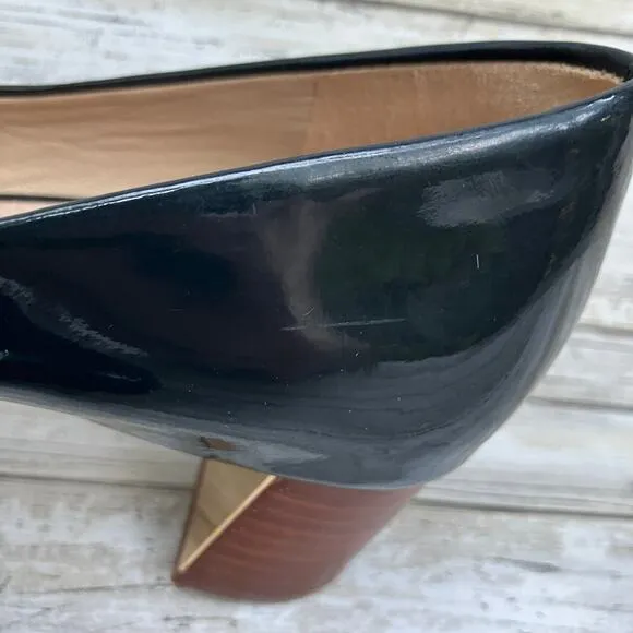Tory Burch Patent Leather Pumps Shoes T Ring 50 Sz 8.5 Black Gold Heels Classic