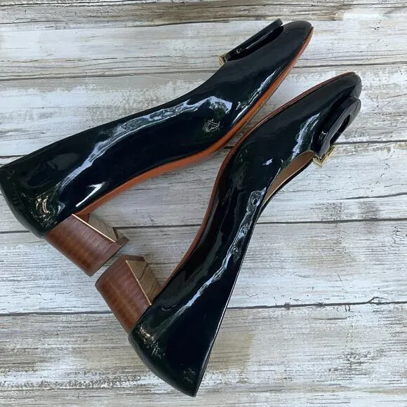 Tory Burch Patent Leather Pumps Shoes T Ring 50 Sz 8.5 Black Gold Heels Classic