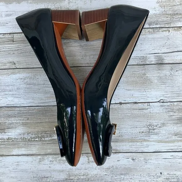 Tory Burch Patent Leather Pumps Shoes T Ring 50 Sz 8.5 Black Gold Heels Classic