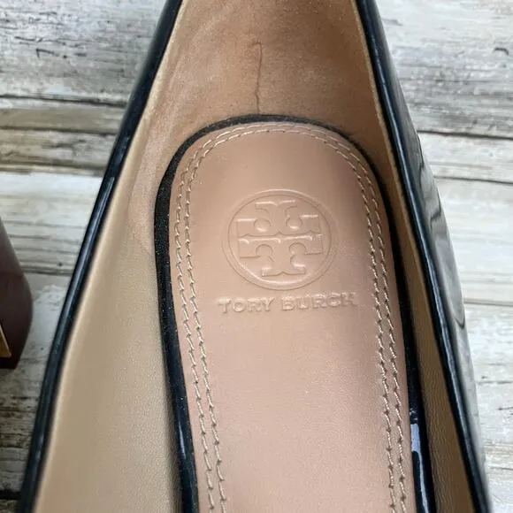 Tory Burch Patent Leather Pumps Shoes T Ring 50 Sz 8.5 Black Gold Heels Classic