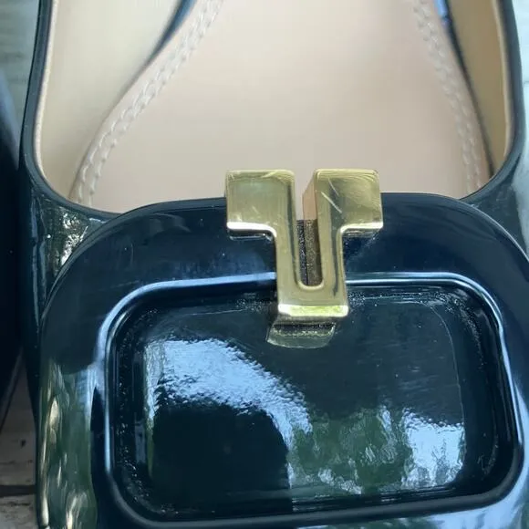 Tory Burch Patent Leather Pumps Shoes T Ring 50 Sz 8.5 Black Gold Heels Classic